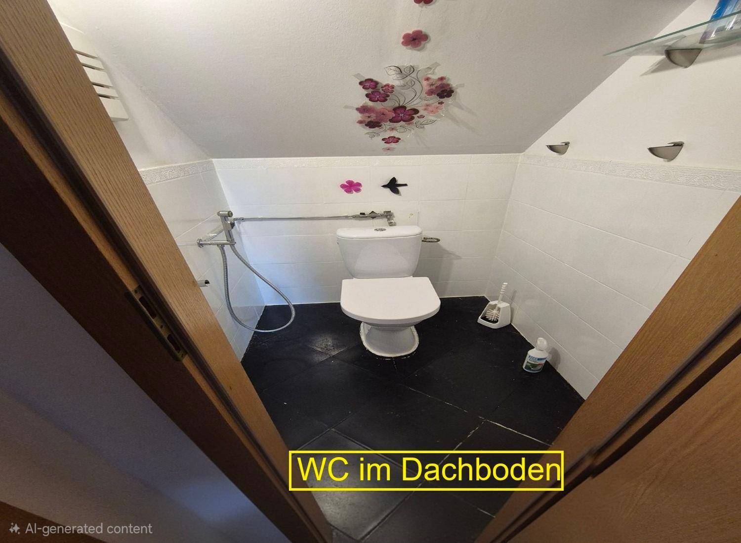 Kleines WC im Dachgeschoss mit dunklen Fliesen und floraler Deckendekoration.