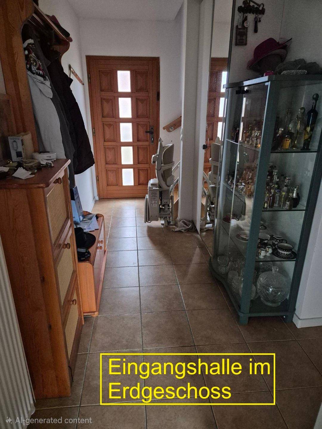 Geräumige Eingangshalle im Erdgeschoss mit Fliesenboden und Holzmöbeln.