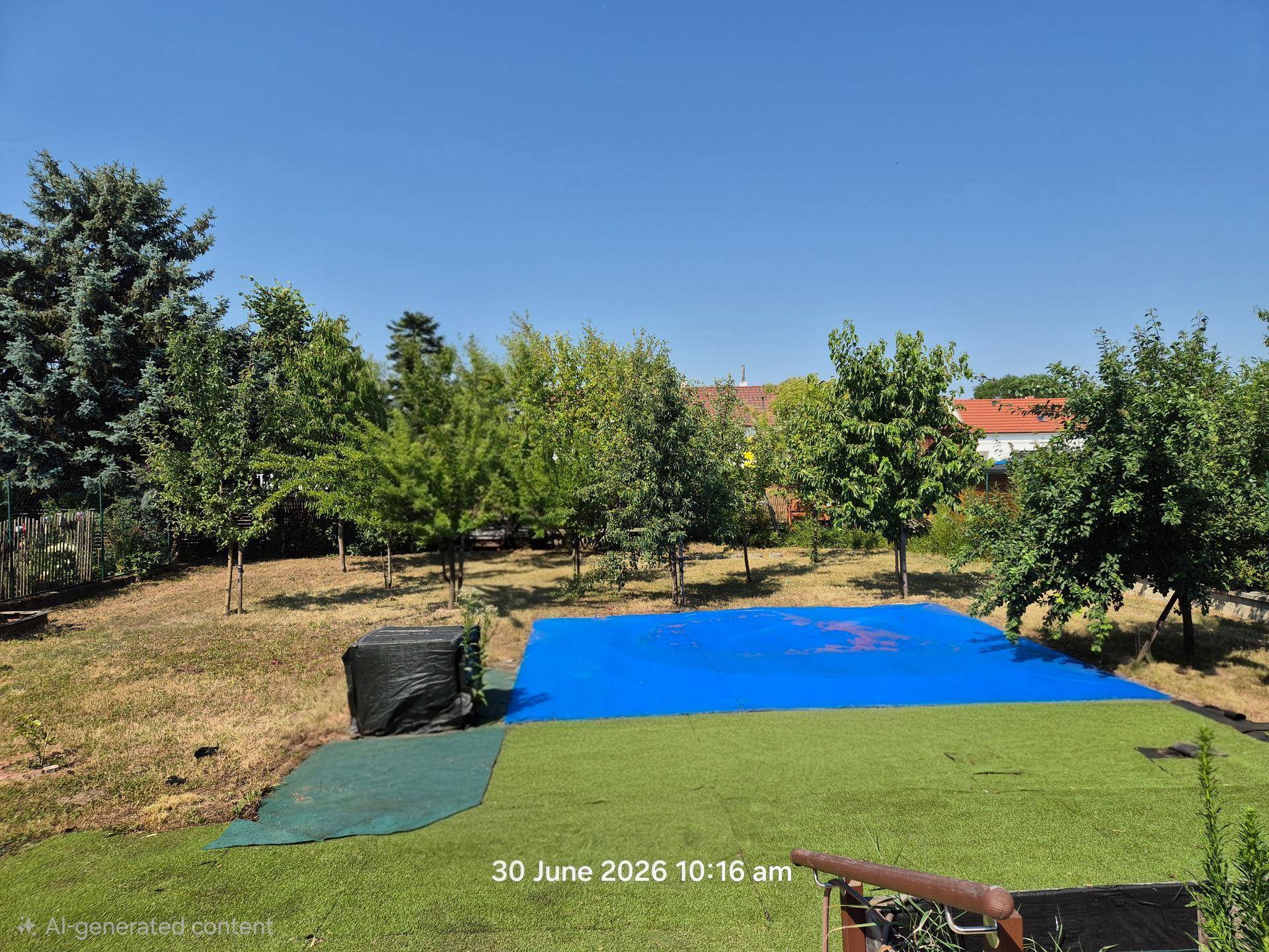 Weitläufiger Garten mit jungen Bäumen und einer blauen Abdeckung unter klarem Himmel.