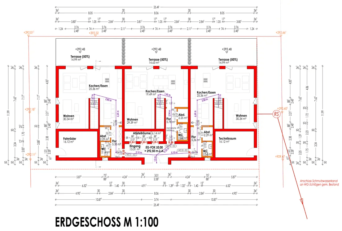 Grundriss des Erdgeschosses mit Wohn-, Koch-/Essbereichen, WCs und Terrassen.