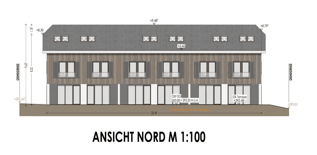 Nordansicht des Gebäudes mit mehreren Wohneinheiten und Dachgauben.