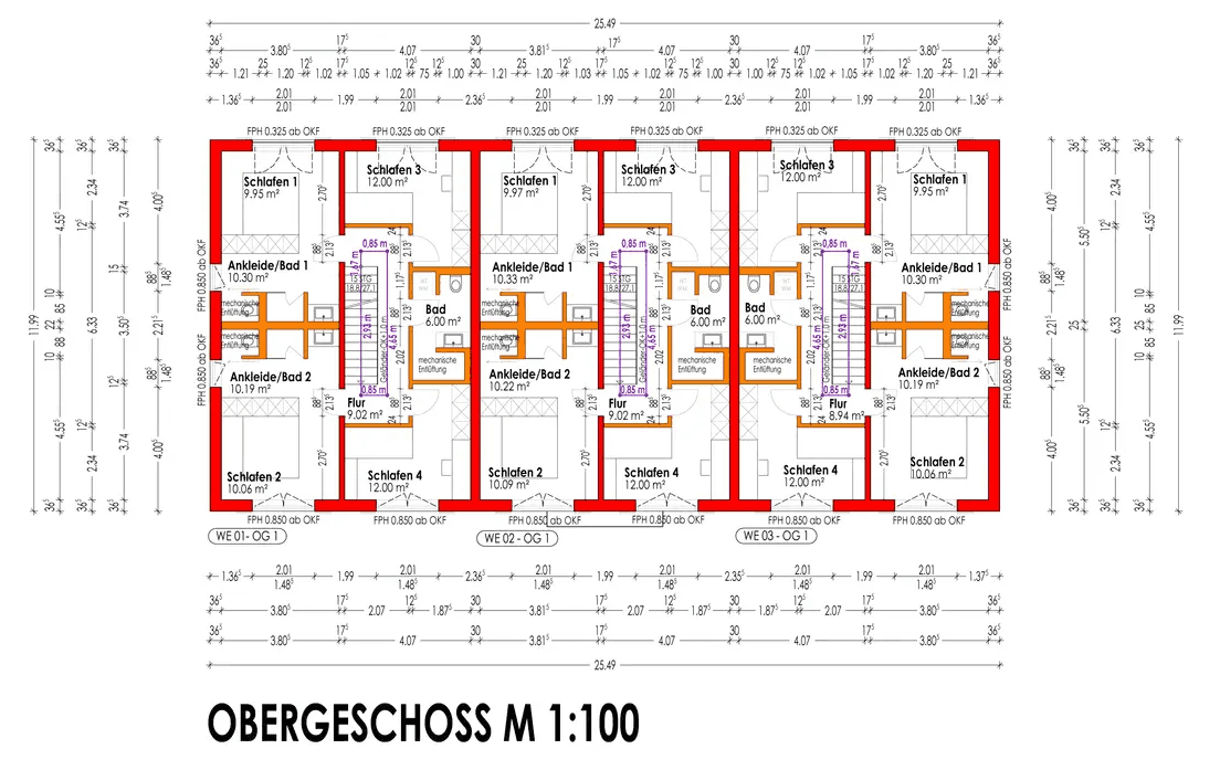 Grundriss des Obergeschosses mit Schlafzimmern, Bädern und Ankleidezimmern.
