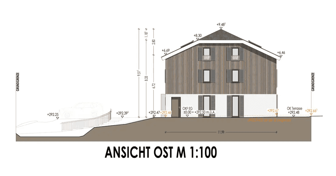Ostansicht des Gebäudes mit schrägem Dach und Holzverkleidung.