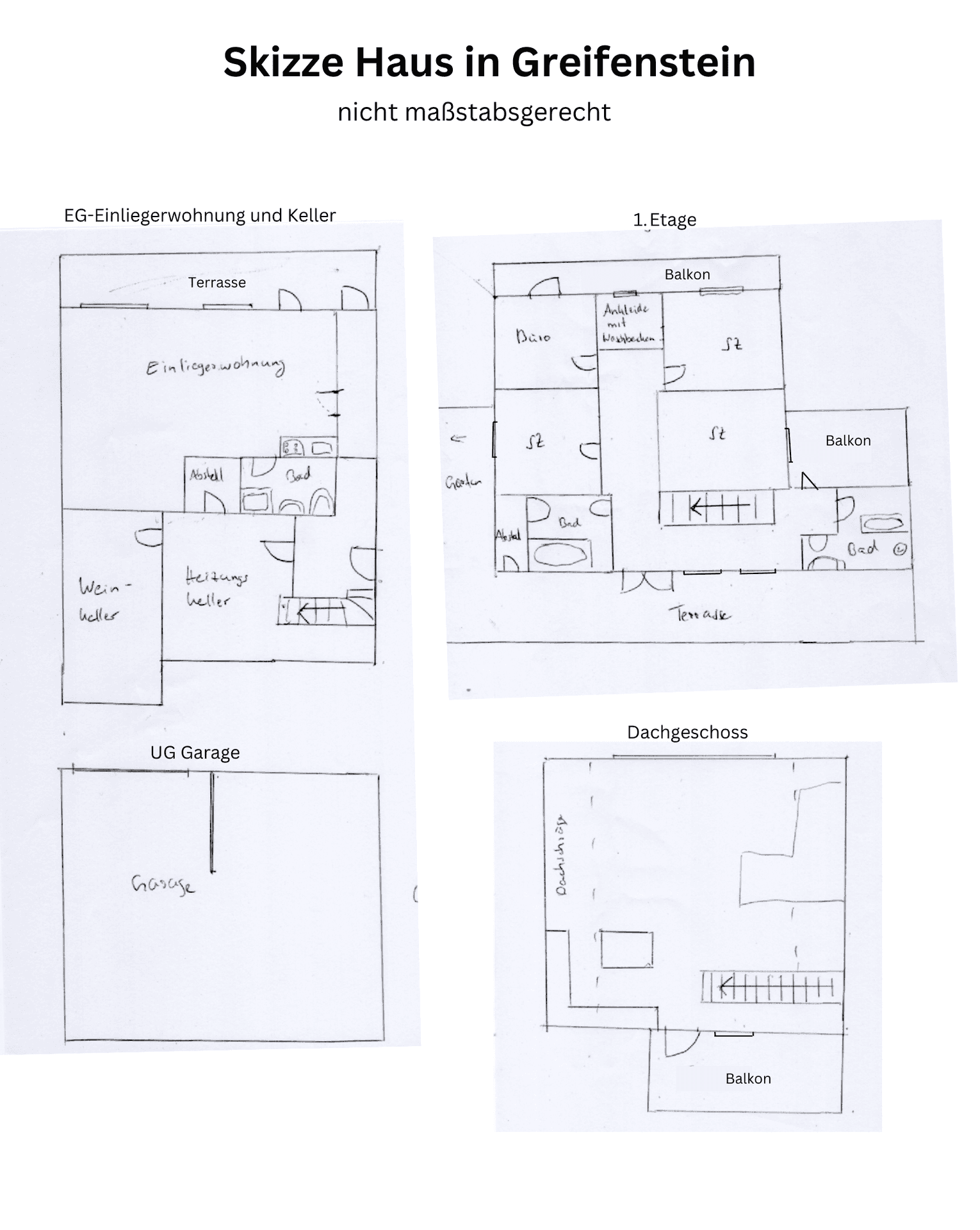 Handgezeichnete Grundrisse eines Hauses in Greifenstein mit Einliegerwohnung, Garage und Dachgeschoss.