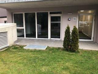 Ebenerdiger Eingangsbereich eines modernen Gebäudes mit großen Glasfronten und kleiner Grünfläche davor.