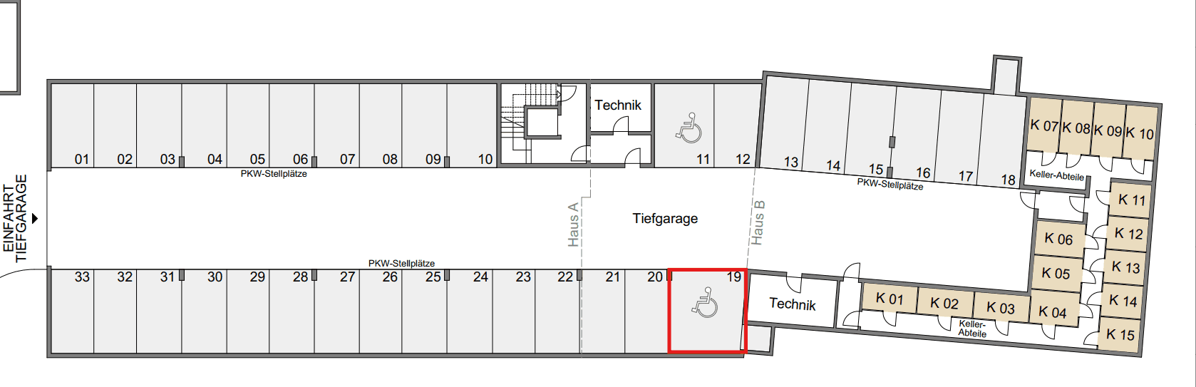 Grundriss der Tiefgarage mit zahlreichen PKW-Stellplätzen, Kellerabteilen und Technikräumen.