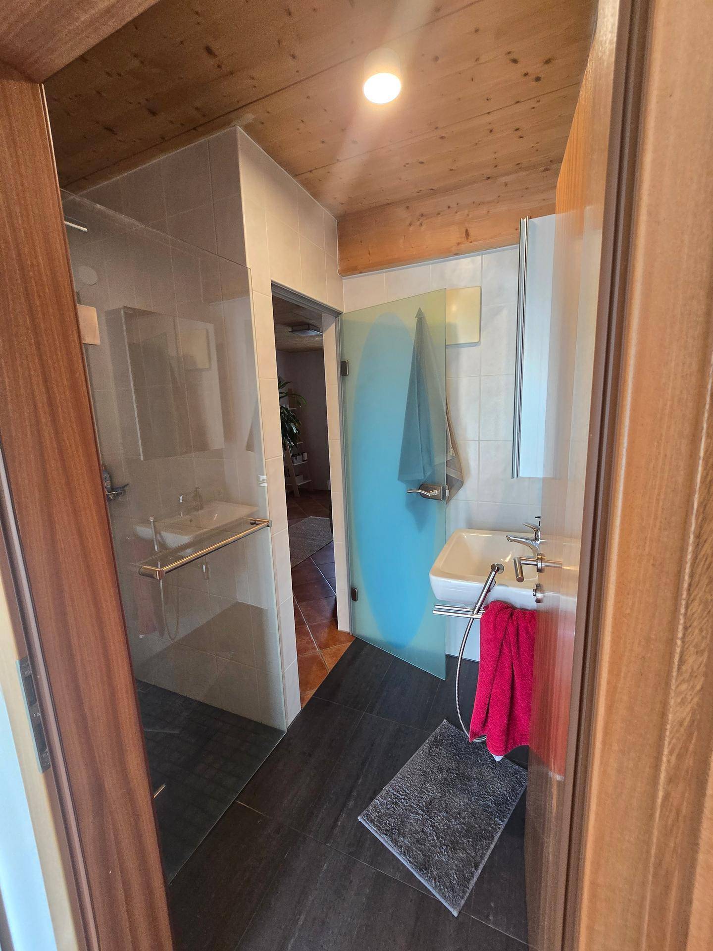 Modernes Badezimmer mit begehbarer Dusche, Glasabtrennung und Holzdecke.