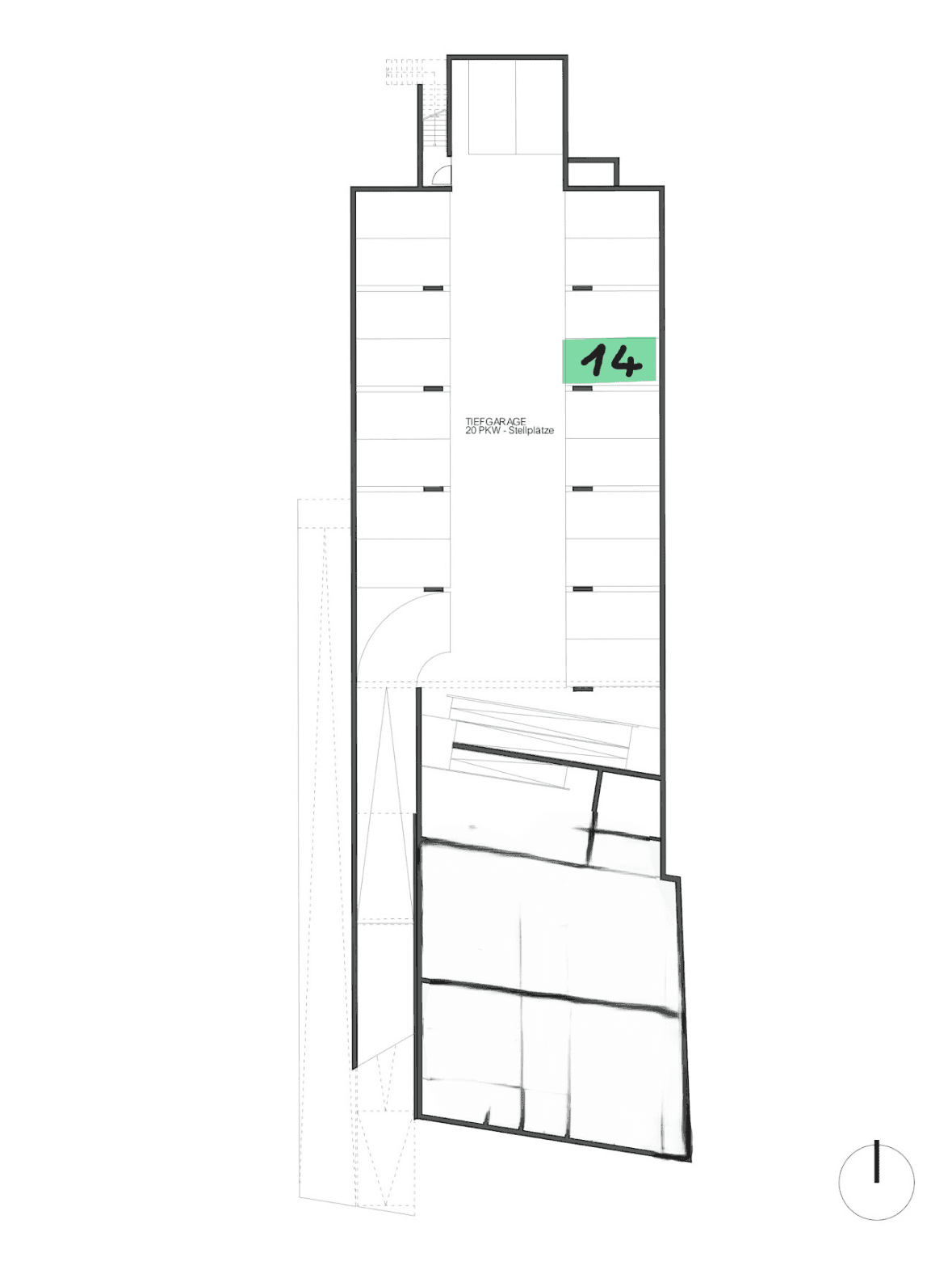 Grundriss der Tiefgarage mit eingezeichneten Stellplätzen, inklusive der Nummer 14.