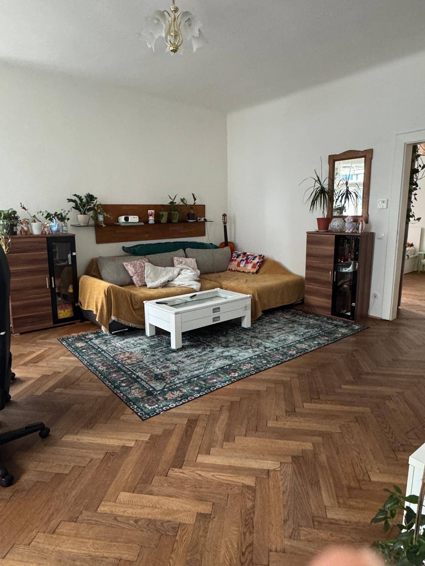 Gemütliches Wohnzimmer mit beigem Sofa, dekorativem Teppich und klassischem Fischgrätparkettboden.