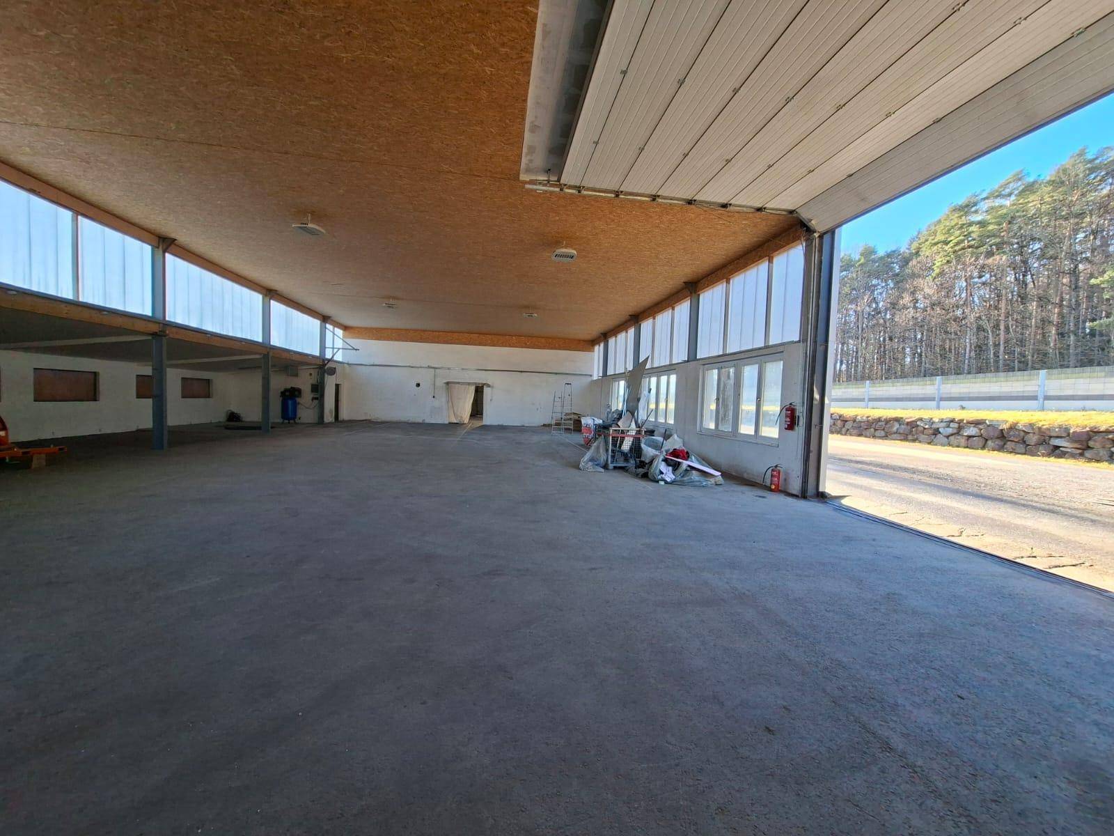 Geräumige Lagerhalle mit hohen Decken, Betonboden und viel Tageslicht durch Oberlichter und Fenster.