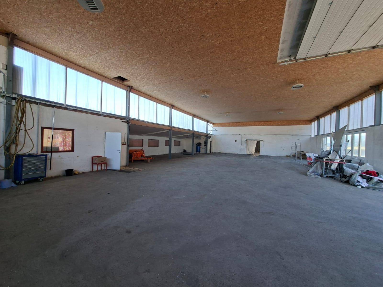 Weitläufige Lagerhalle mit robustem Betonboden, hohen Decken und durchgehenden Fensterbändern für optimale Belichtung.
