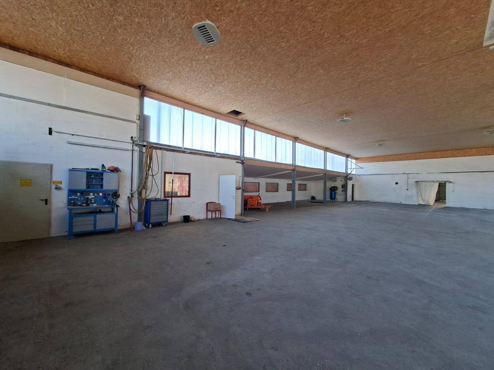 Helle und offene Lagerhalle mit Betonboden, hohen Decken und breiten Fensterfronten für natürliche Beleuchtung.