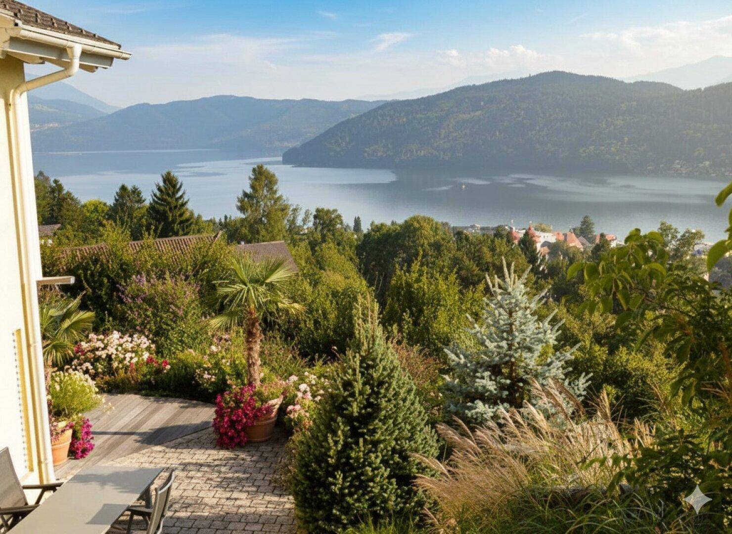 Gepflegter Garten mit Terrasse und üppiger Bepflanzung, mit weitem Blick auf den See und die Berge.
