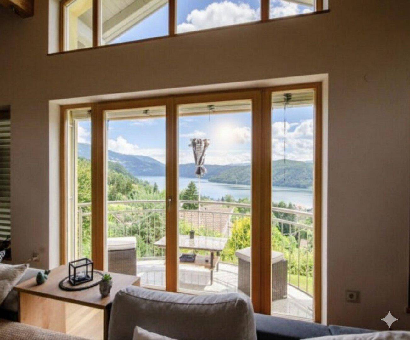 Wohnbereich mit großen Fenstern, die einen direkten Blick auf den See und die Berge bieten.
