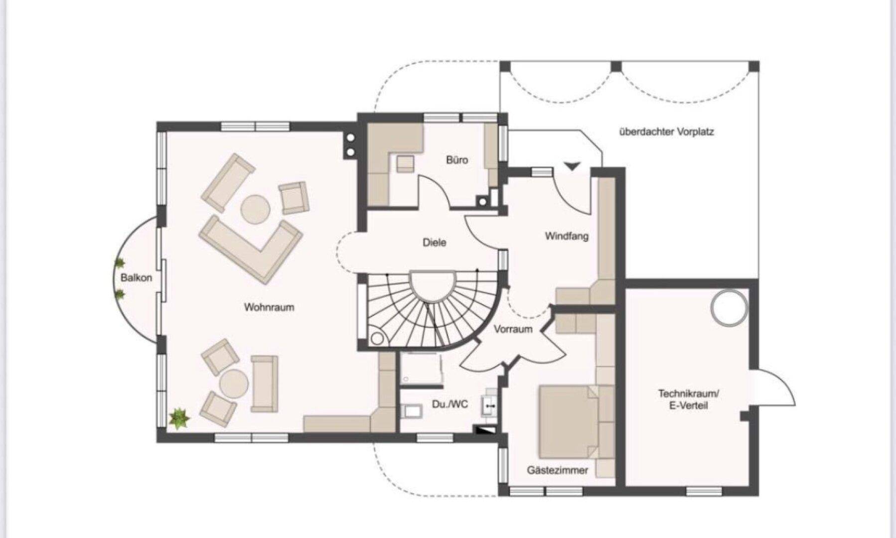 Grundriss des Erdgeschosses mit Wohnraum, Büro, Gästezimmer und überdachtem Vorplatz.