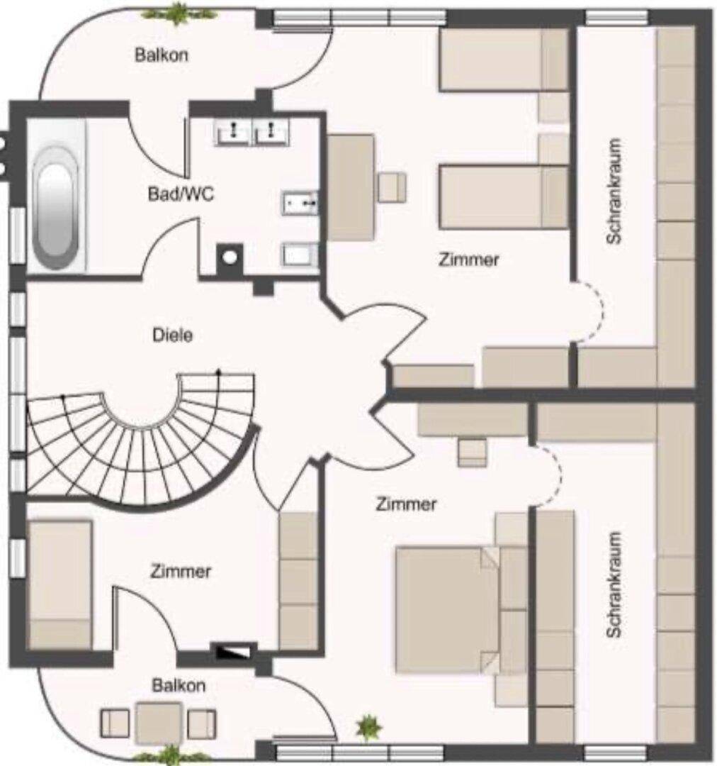Grundriss des Obergeschosses mit mehreren Zimmern, Bad/WC und zwei Balkonen.