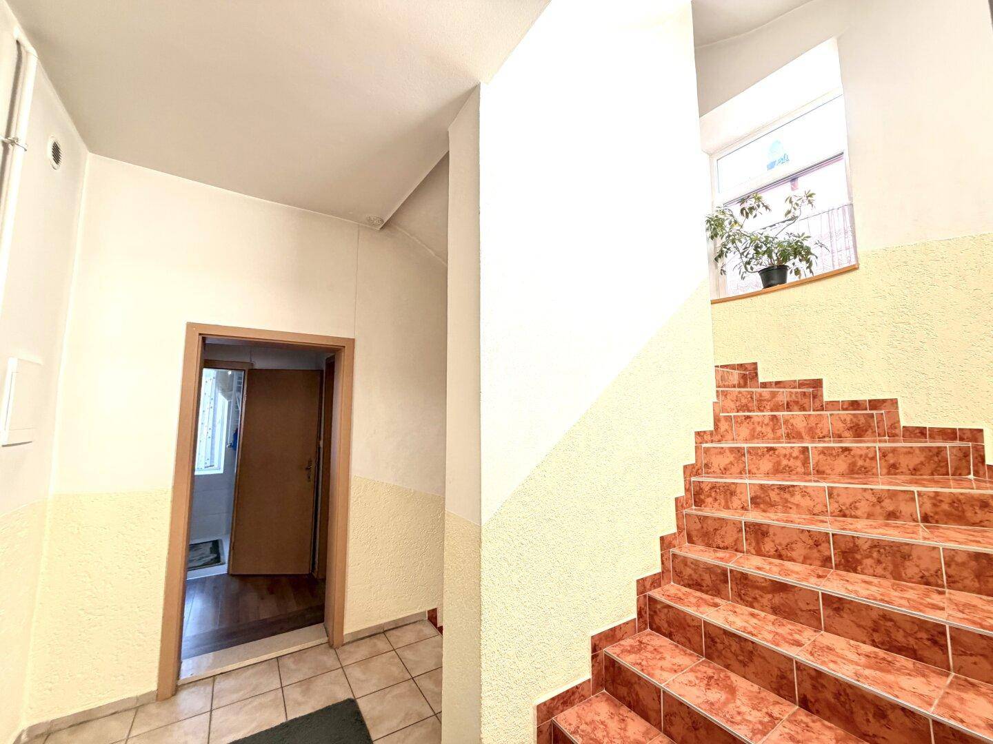 Eingangsbereich mit gefliestem Boden und Treppe zum Obergeschoss.