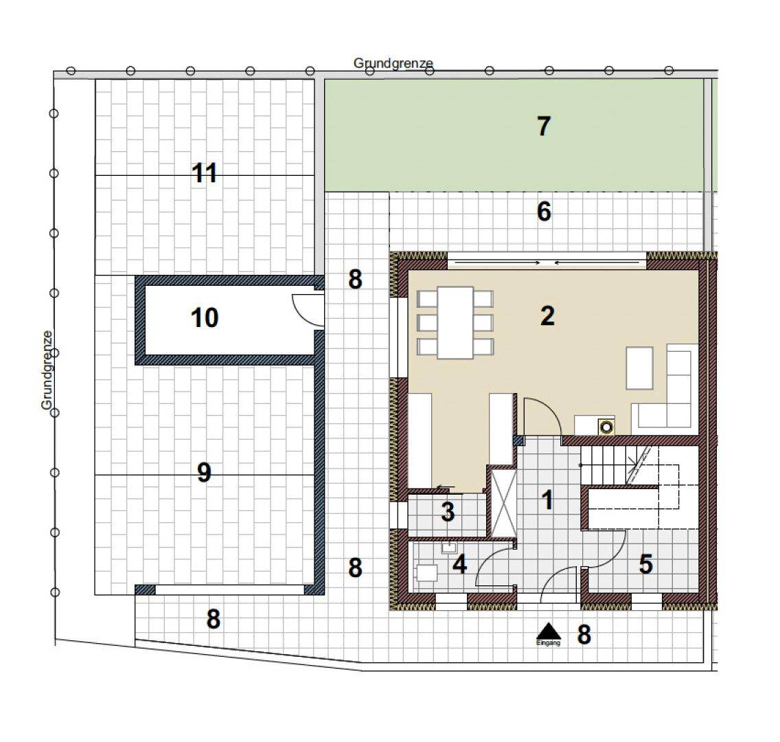 Grundriss des Erdgeschosses mit offenem Wohnbereich, Terrasse und Garten.