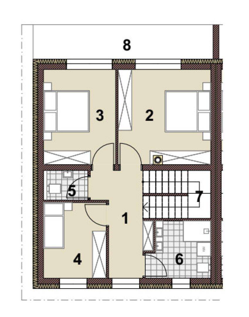 Grundriss des Obergeschosses mit drei Schlafzimmern und zwei Bädern.