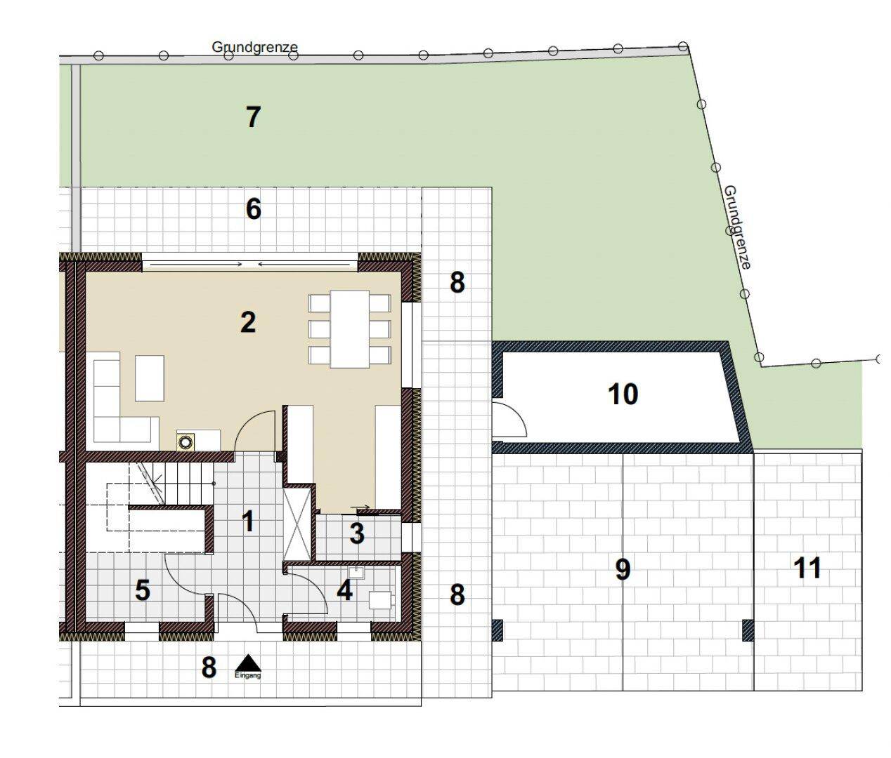 Grundriss des Erdgeschosses mit offenem Wohnbereich, Küche und Zugang zum Garten.