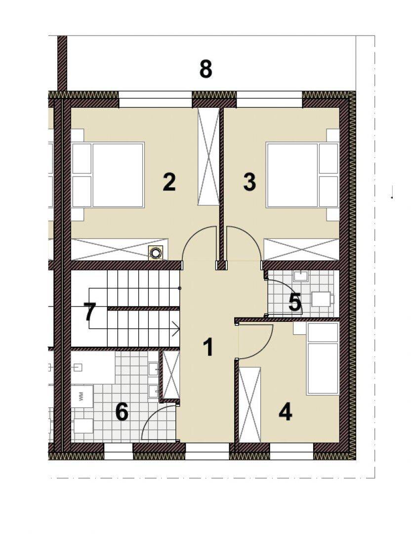 Grundriss des Obergeschosses mit Schlafzimmern, Badezimmern und Treppenaufgang.