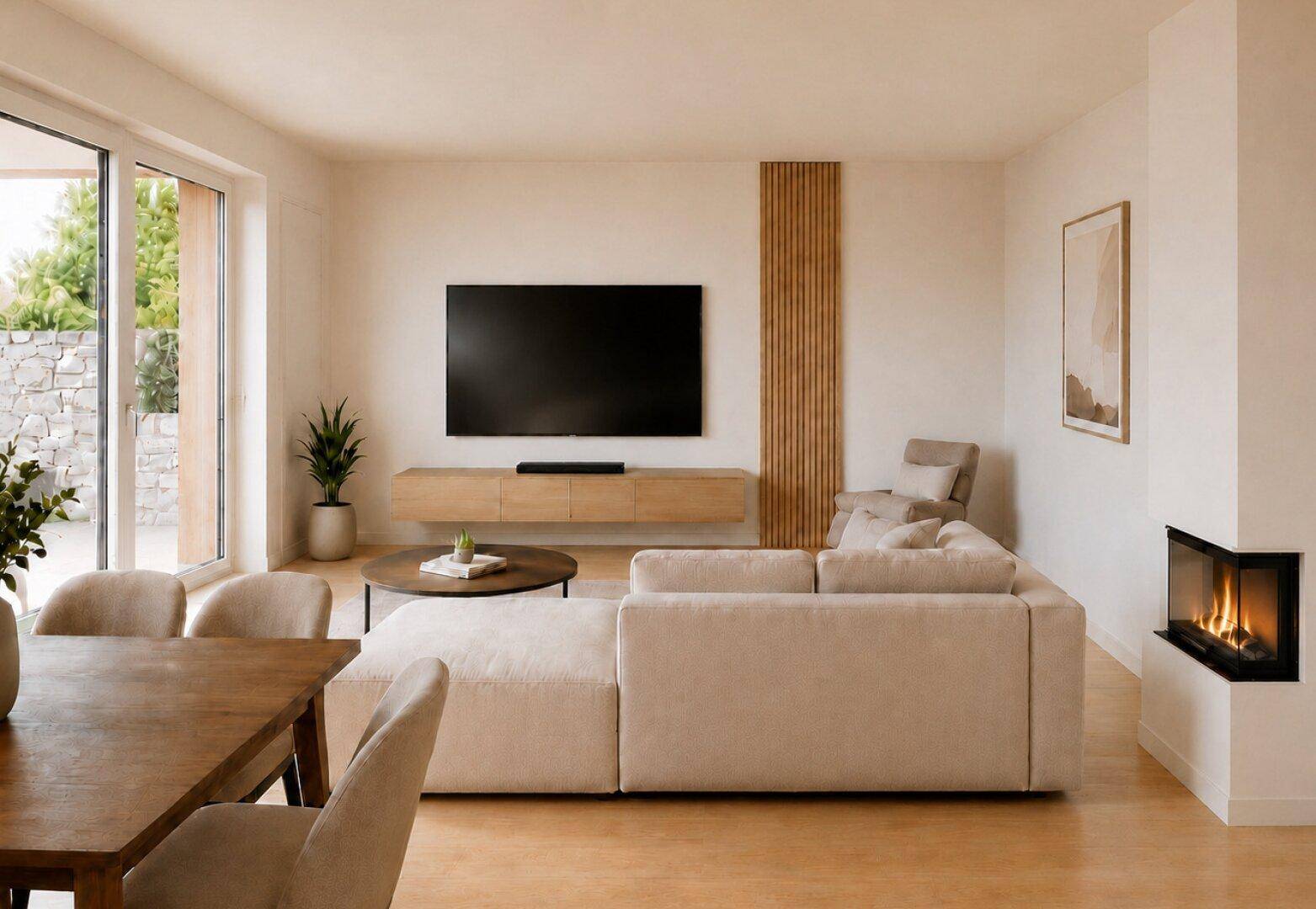 Geräumiger Wohnbereich mit großem Sofa, Fernseher und integriertem Kamin.