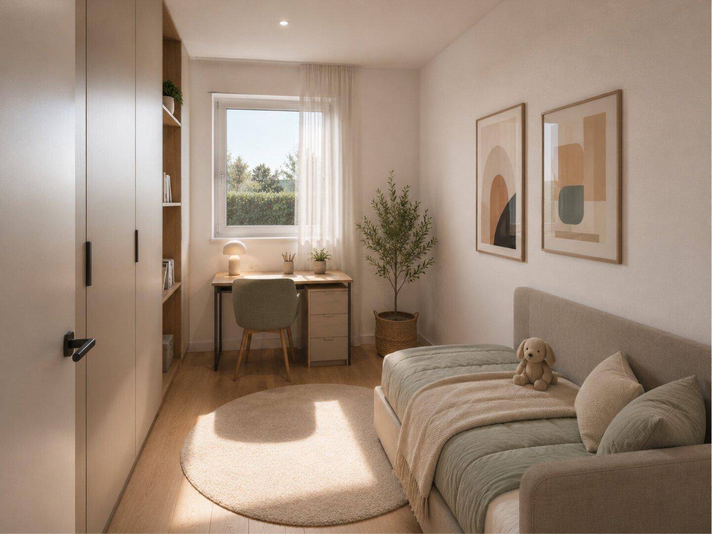 Gemütliches Zimmer mit Einzelbett, Schreibtisch, Einbauschränken und Blick ins Grüne.