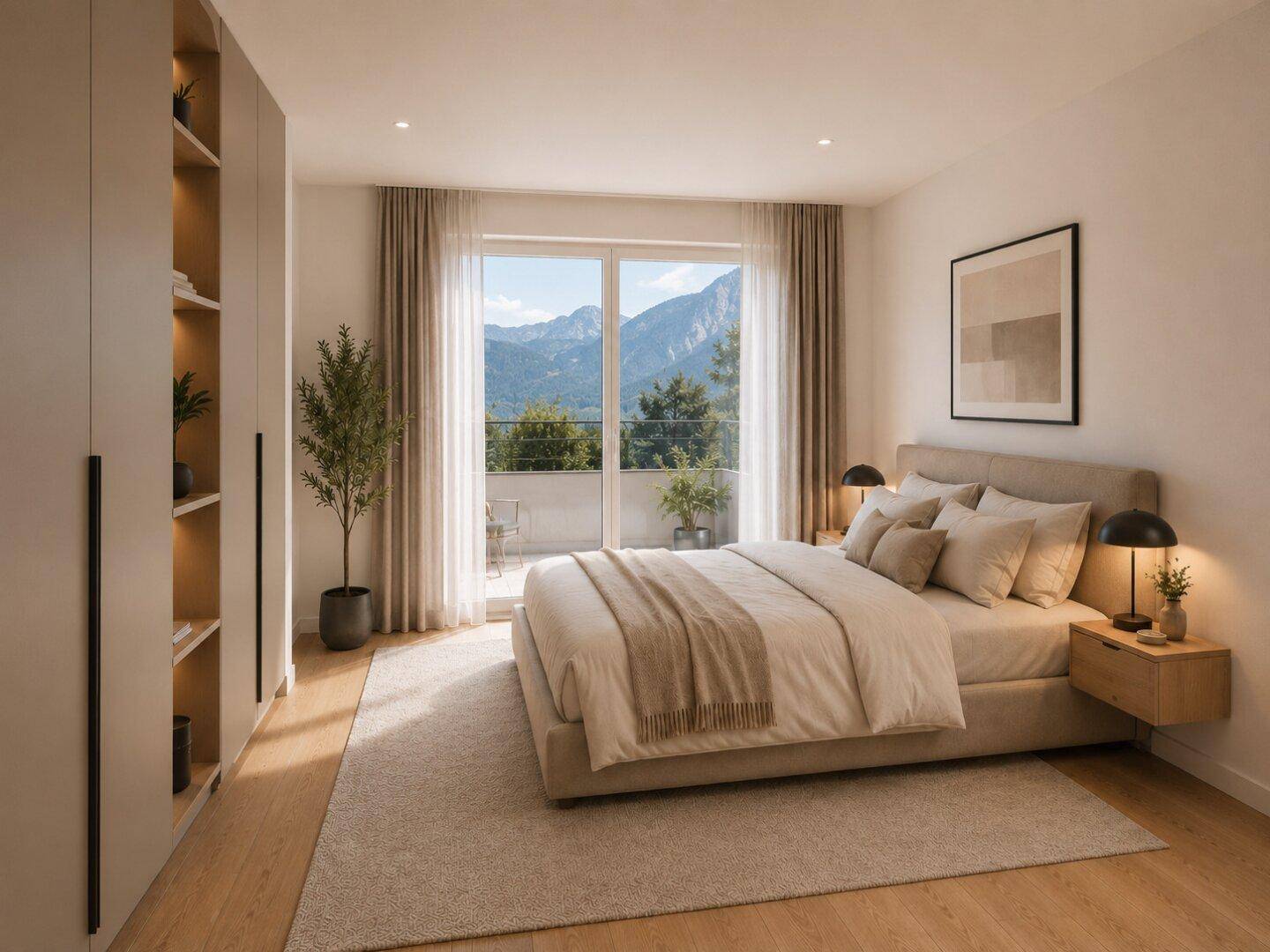 Helles Schlafzimmer mit Doppelbett, Einbauschränken und Balkonzugang mit Bergblick.