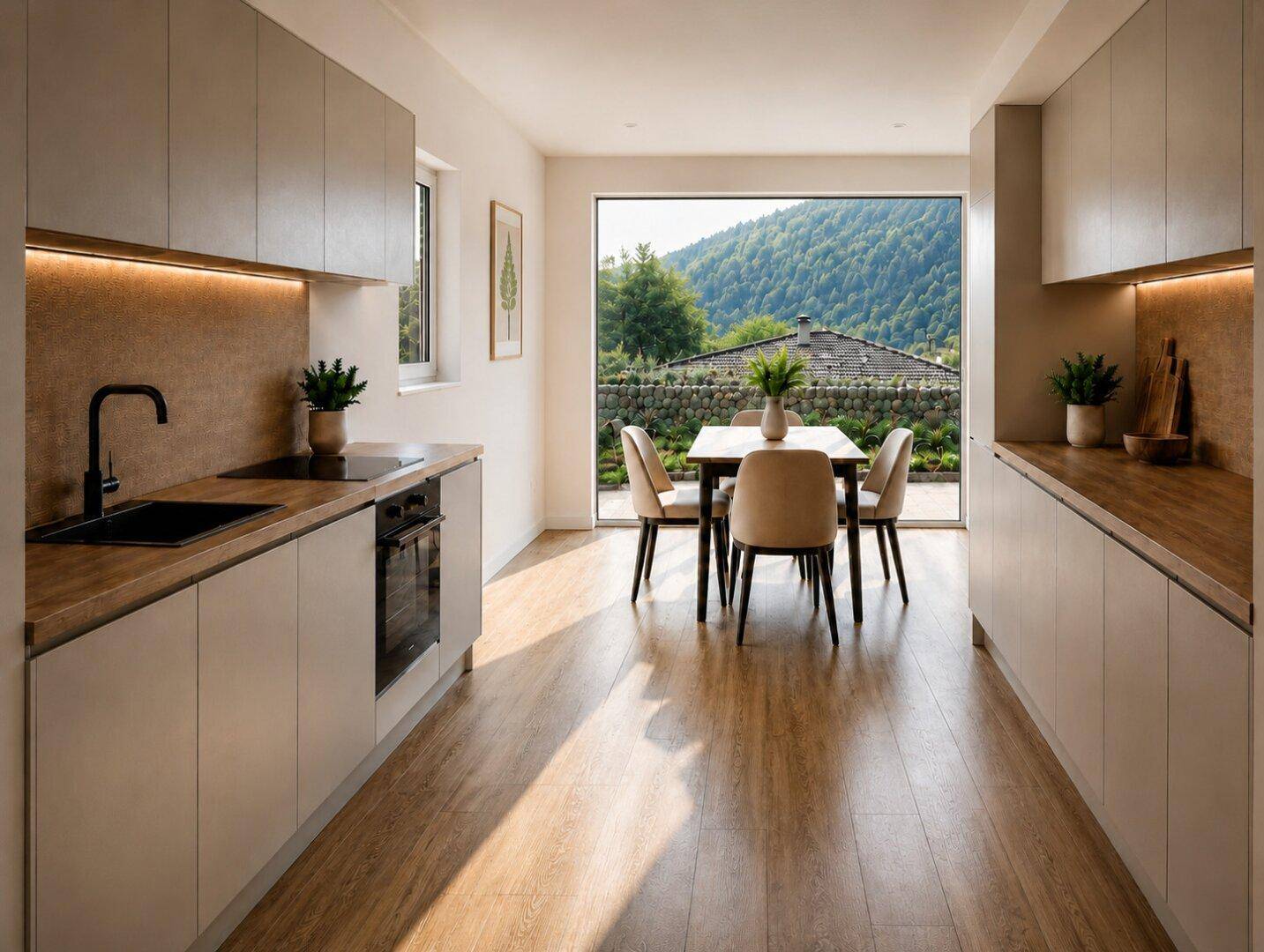 Moderne Küche mit Holzarbeitsplatten, Essbereich und großem Fenster mit Bergblick.