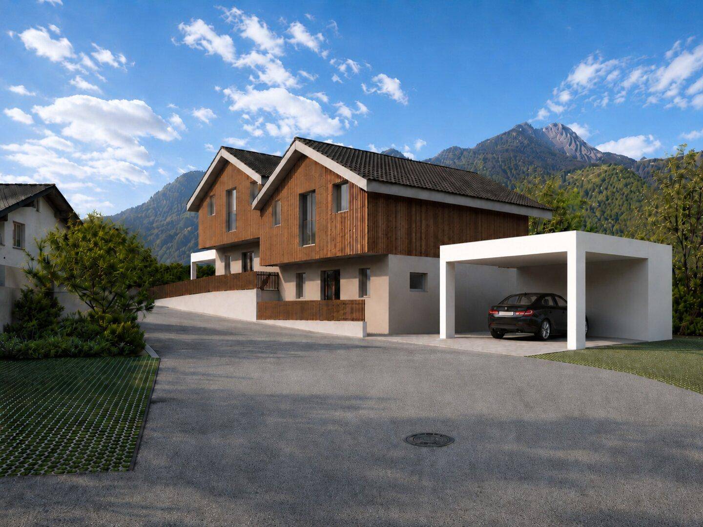 Neubau-Doppelhaushälfte mit Holzverkleidung und Carport in ländlicher Umgebung mit Bergblick.