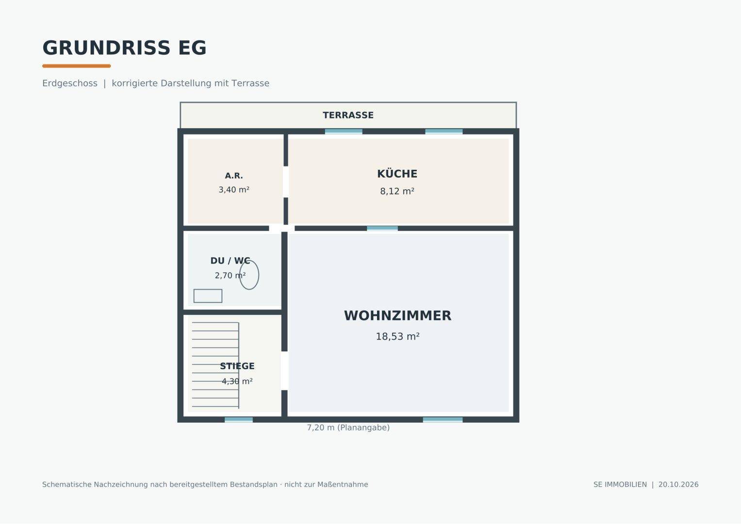Grundriss des Erdgeschosses mit Wohnzimmer, Küche, Abstellraum und Dusch-WC, inklusive Zugang zu einer Terrasse.