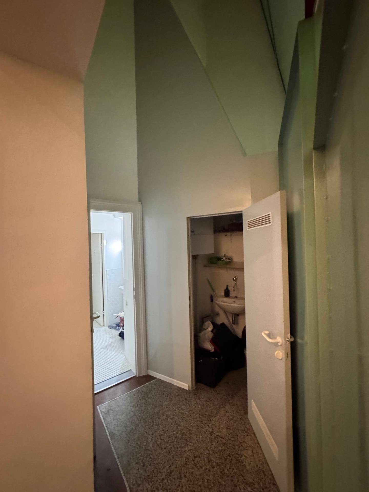 Kleiner Hauswirtschaftsraum mit Waschbecken und Blick auf ein Badezimmer.