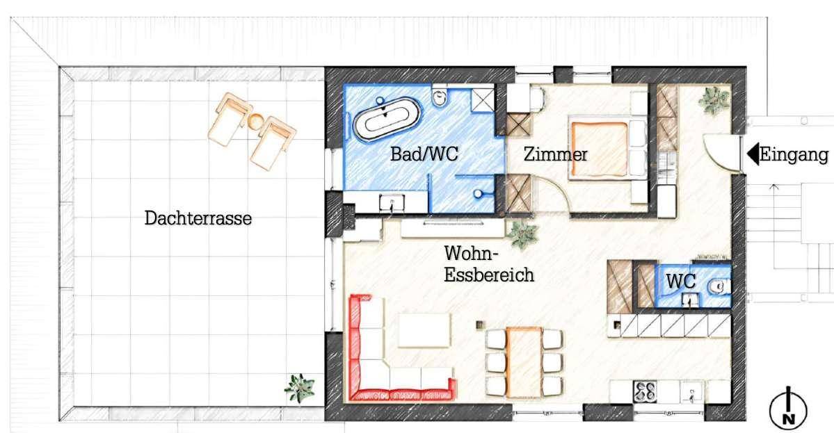 Detaillierter Grundriss einer Wohnung mit Dachterrasse, Wohn-Essbereich und zwei Bädern.