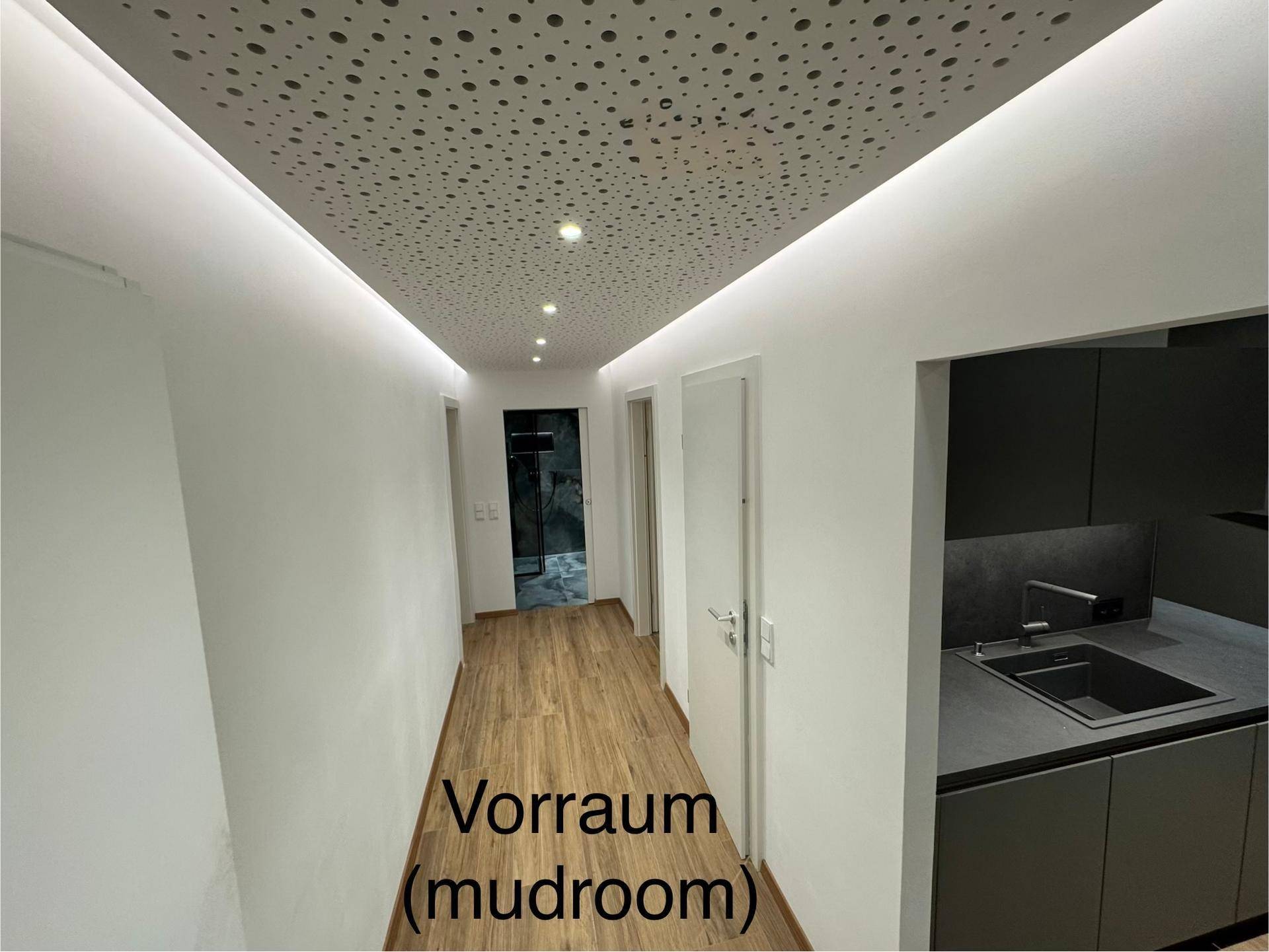 Moderner Vorraum mit Holzboden, perforierter Decke und integrierter Beleuchtung.