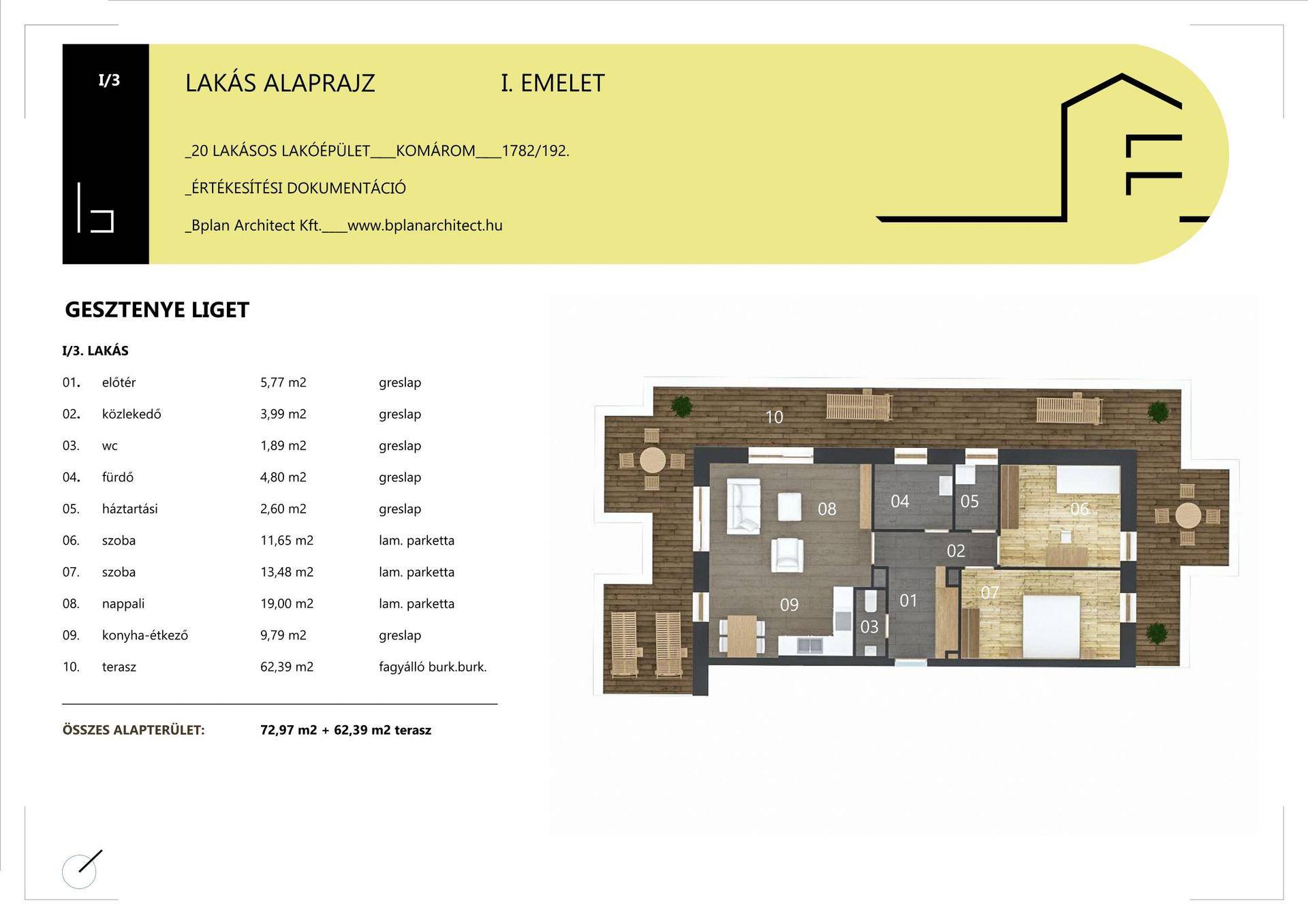 Detaillierter Grundriss einer Wohnung im ersten Stock mit Terrasse und offenem Wohnbereich.