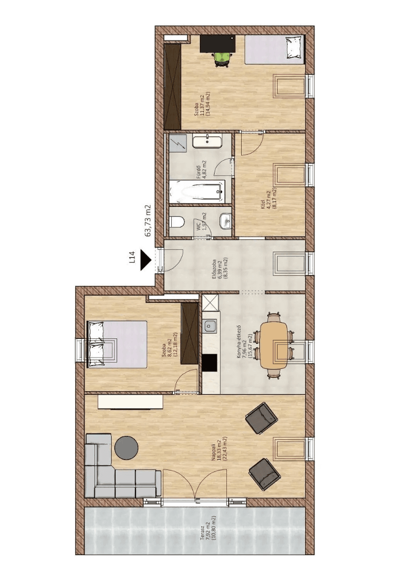 Detaillierter Grundriss einer Wohnung mit offener Wohnküche, drei Schlafzimmern und Terrasse.