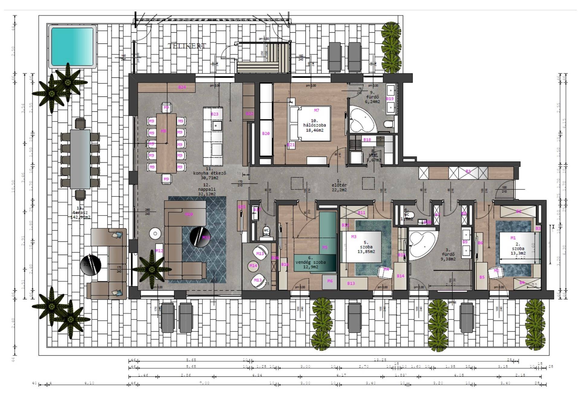Detaillierter Grundriss der Wohnung mit mehreren Zimmern, Terrasse und Pool.