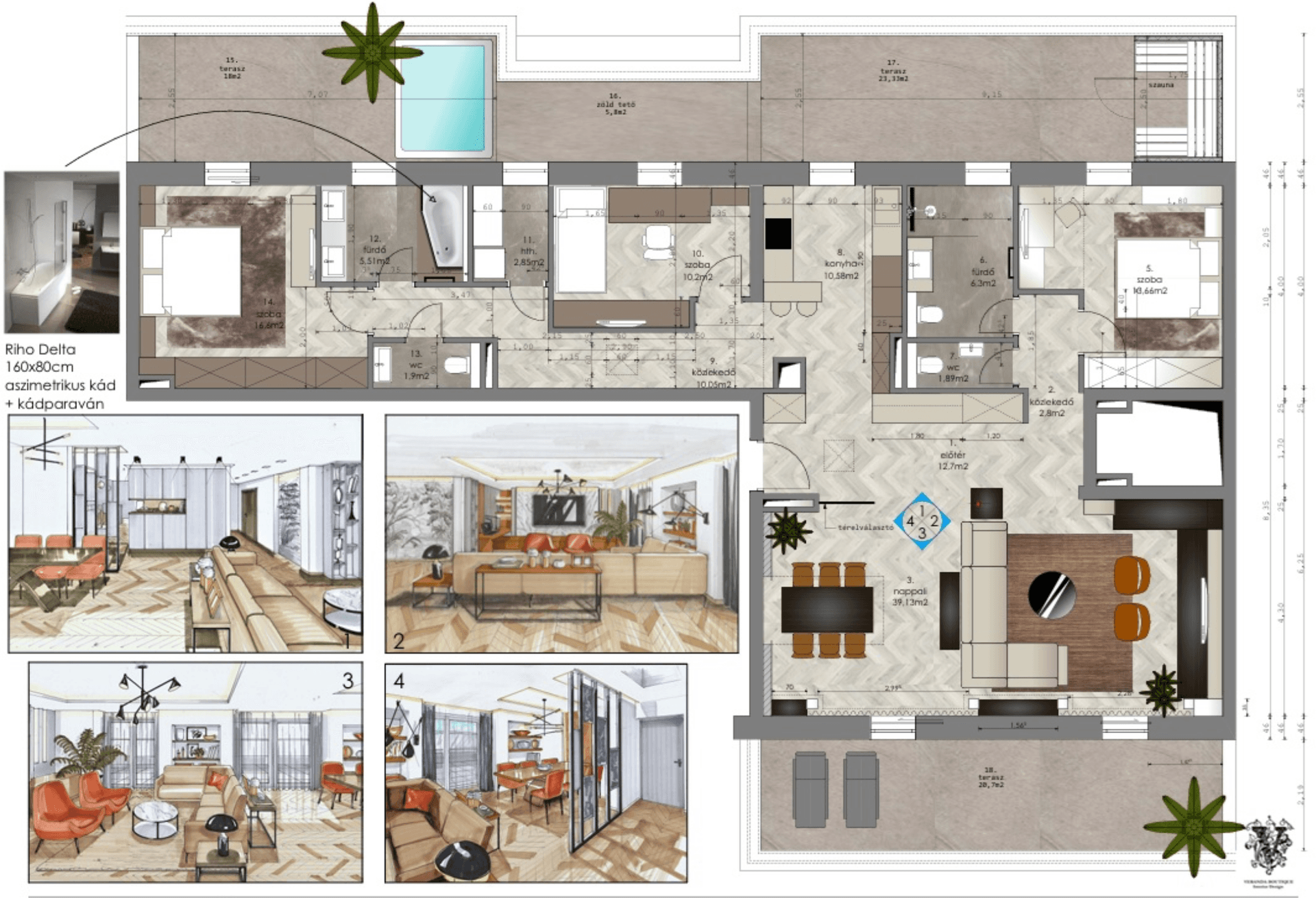 Detaillierter Grundriss einer Wohnung mit mehreren Zimmern, Balkon und integrierten Renderings.