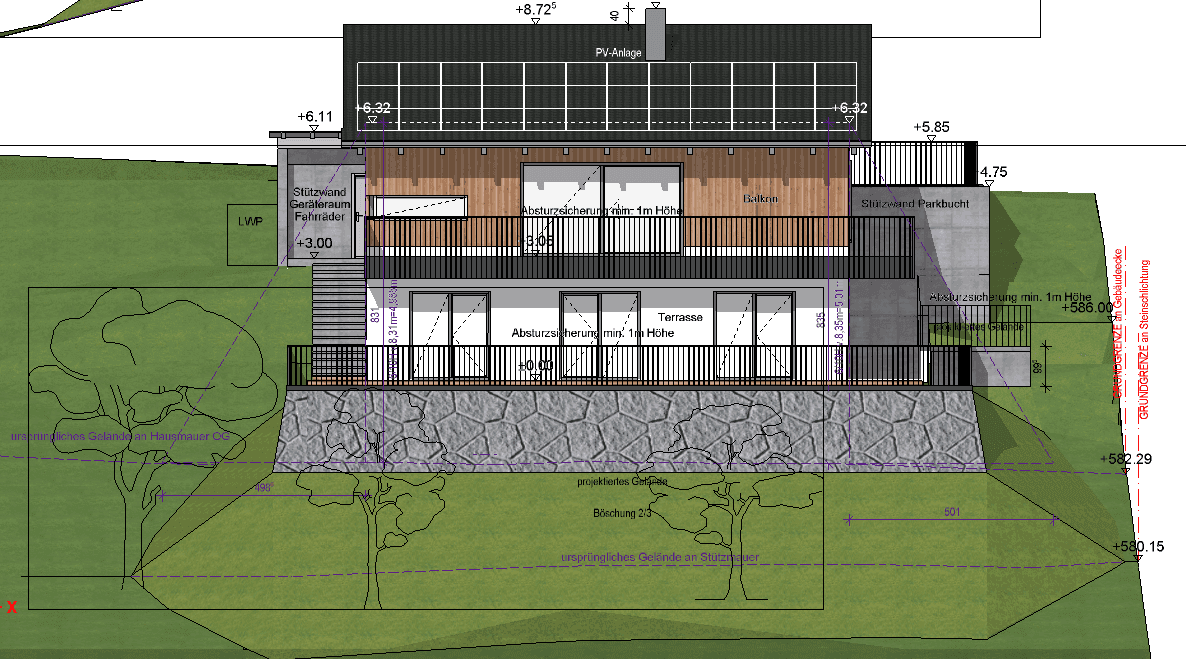 Architektonische Ansicht eines Hauses mit Photovoltaikanlage, Balkon und Terrasse auf einem Hanggrundstück.