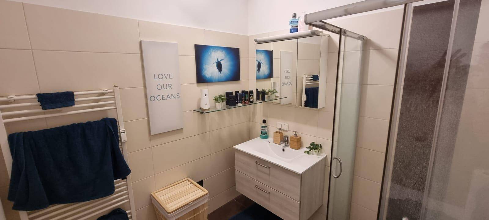 Funktionales Badezimmer mit Duschkabine, Waschtisch, Spiegelschrank und Handtuchheizkörper.