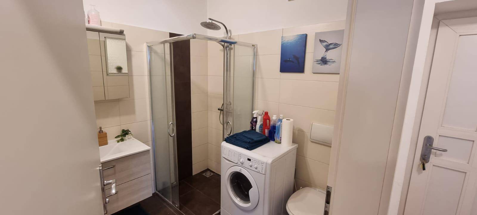 Modernes Badezimmer mit Duschkabine, WC, Waschbecken und Waschmaschine.