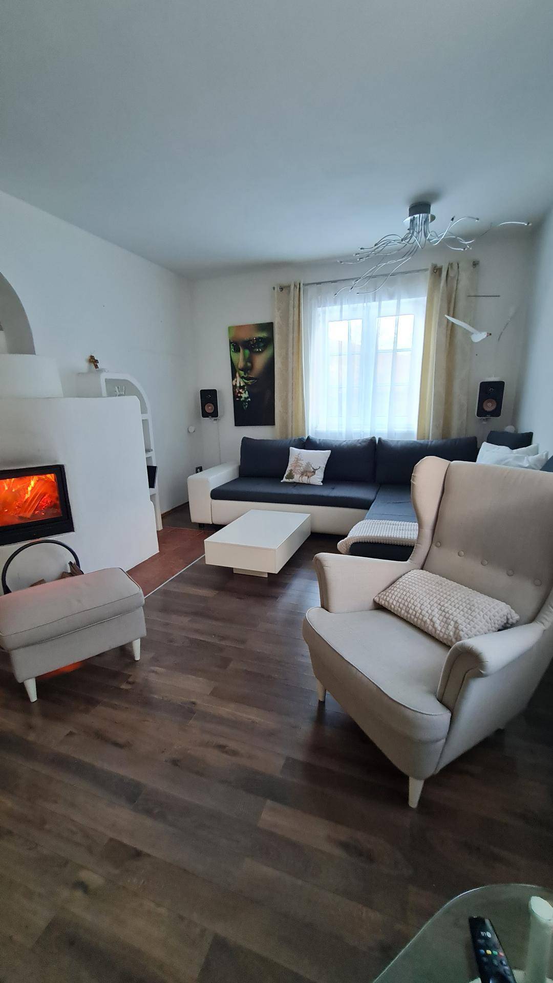 Gemütliches Wohnzimmer mit Kamin, Sofa und Holzboden.