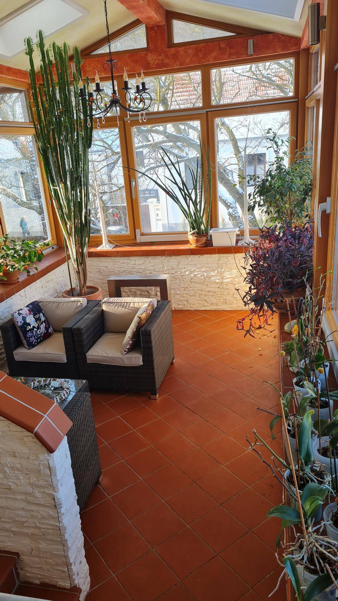 Heller Wintergarten mit vielen Pflanzen, Sitzgelegenheiten und großen Fenstern.