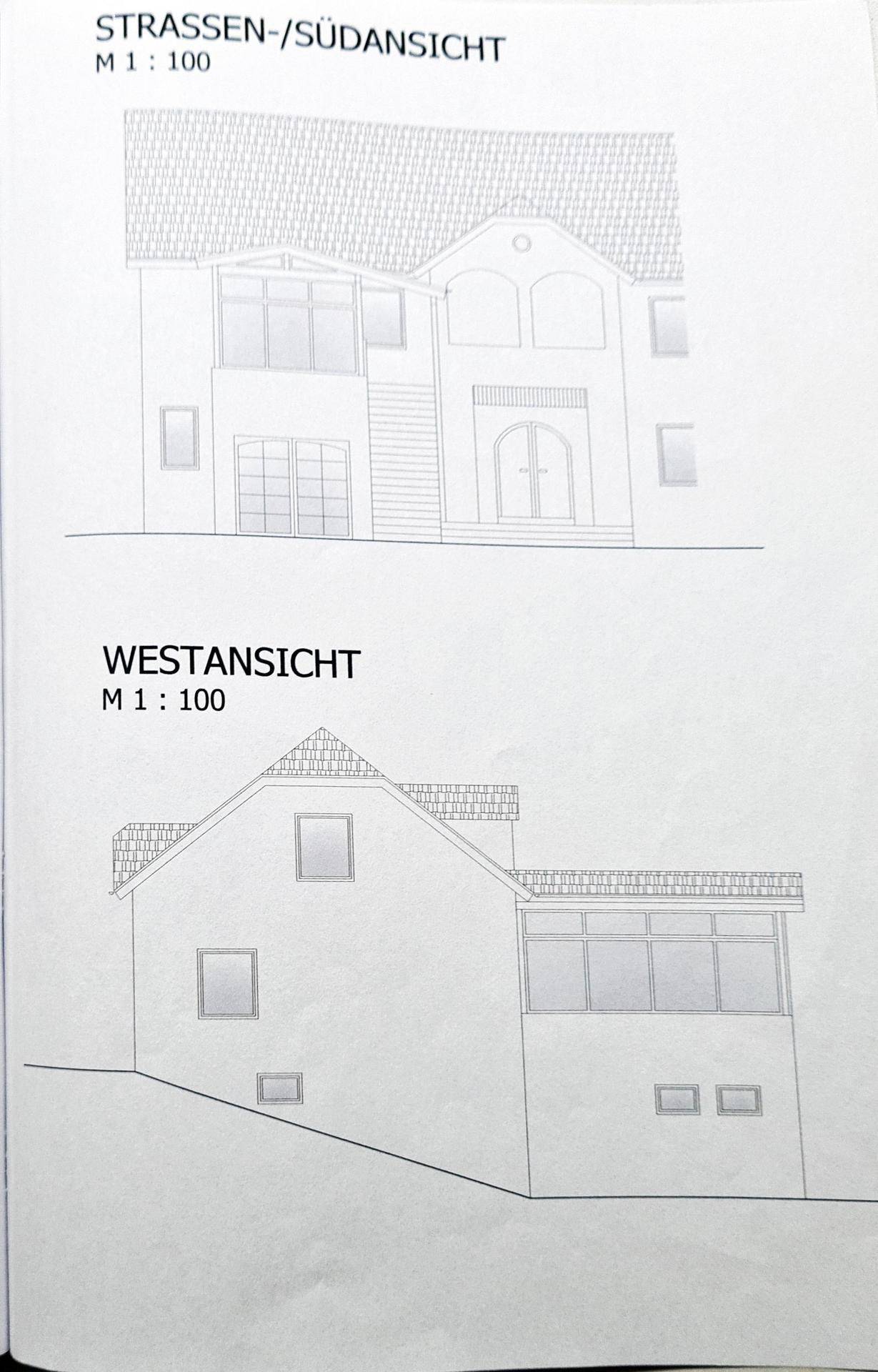 Ansichten des Gebäudes von der Straßen- und Westseite.