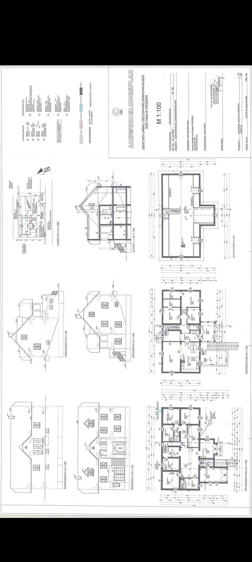 Detaillierter Einreichplan mit Grundrissen, Ansichten und Schnitten des Gebäudes.