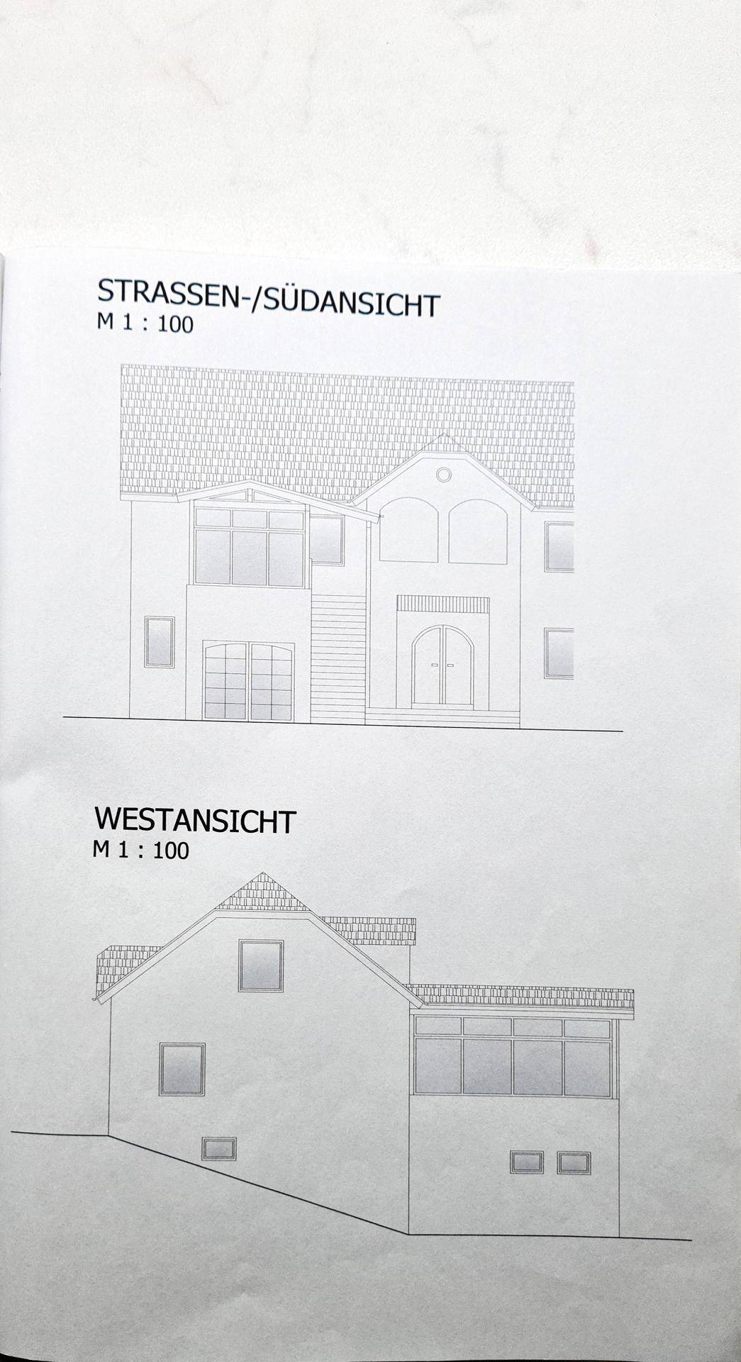 Ansichten des Gebäudes von der Straßen- und Westseite.