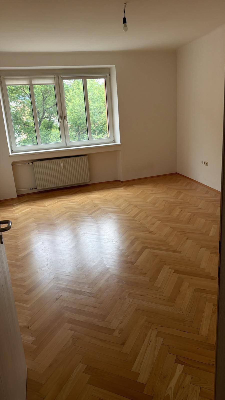 Heller, leerer Raum mit glänzendem Fischgrätparkett und großem Fenster mit Blick ins Grüne.