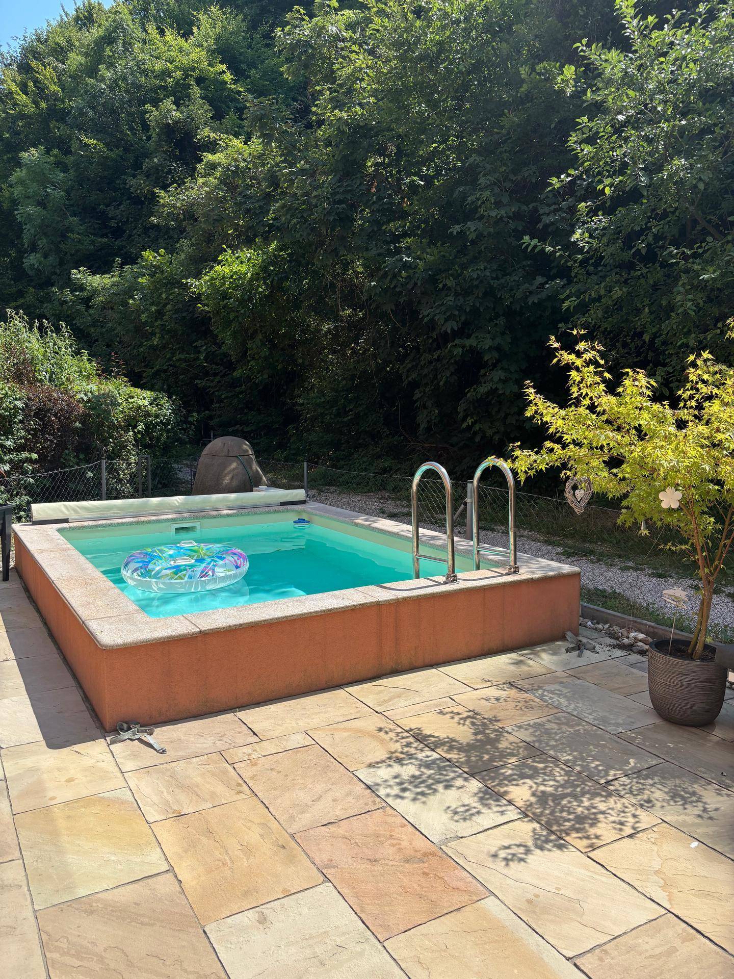 Kleiner, eingelassener Pool mit Treppe auf einer gepflasterten Terrasse umgeben von Grün.
