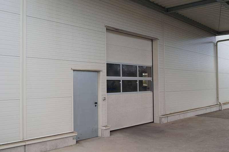 Detailansicht eines Rolltors mit Fenstern und einer separaten Tür an der Lagerhalle.