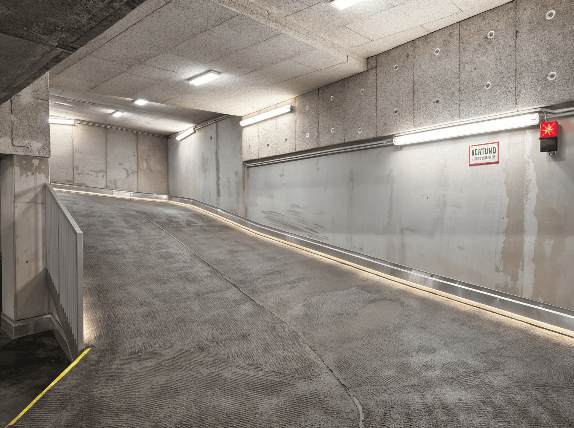 Abfahrtrampe in eine Tiefgarage mit Betonwänden, Leuchtstofflampen und einem Warnschild.